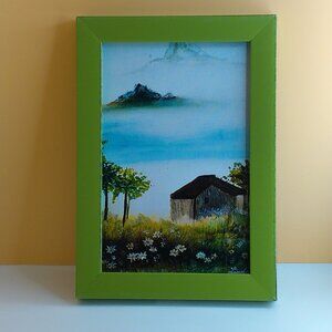 Mountain House, 4x6 Art print within a new green wood Frame